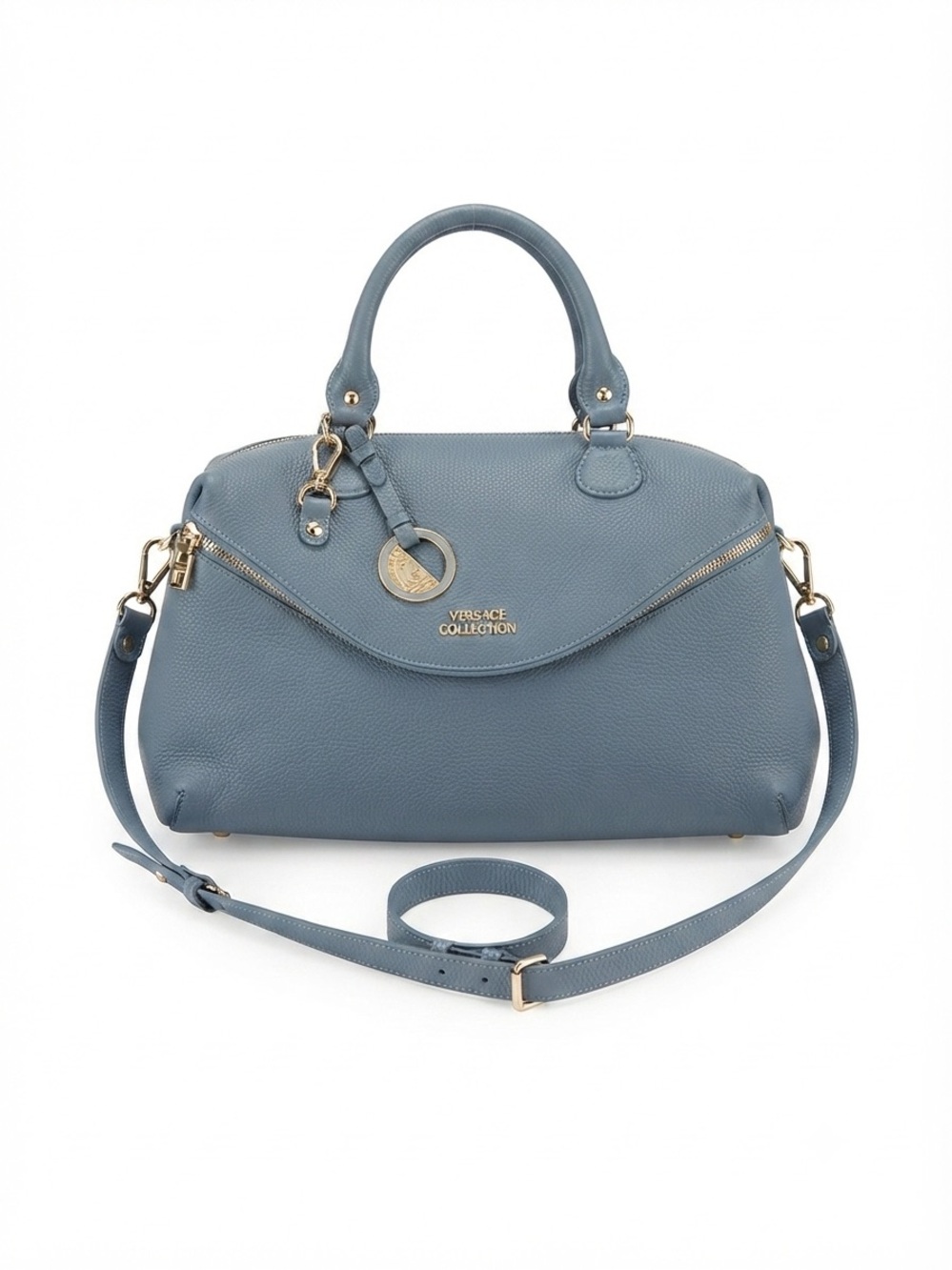 Versace Collection Dusty Blue Leather Dome Satchel with Gold Hardware